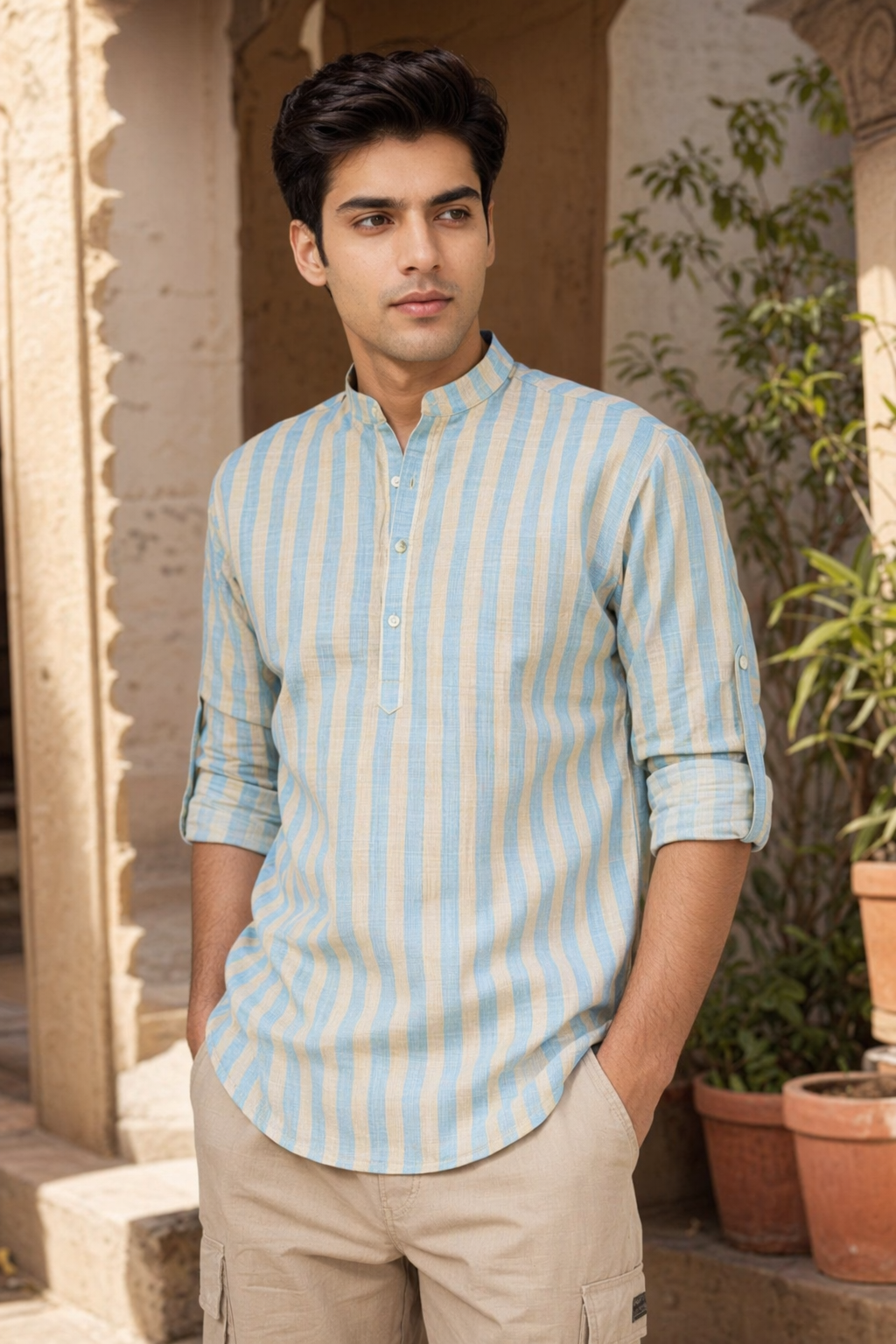Striped Band-Collar Shirt