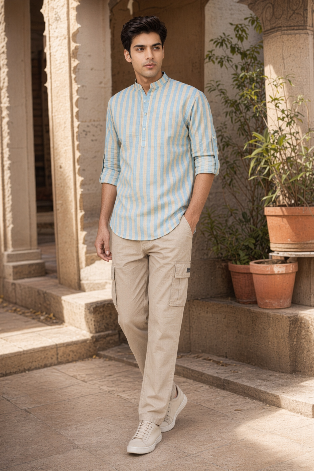 Striped Band-Collar Shirt
