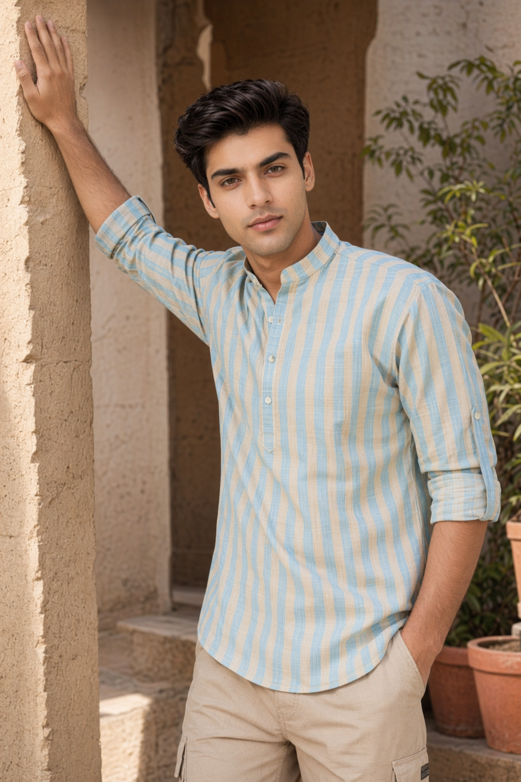 Striped Band-Collar Shirt