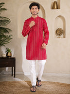 Red Loom Stripe Kurta Set