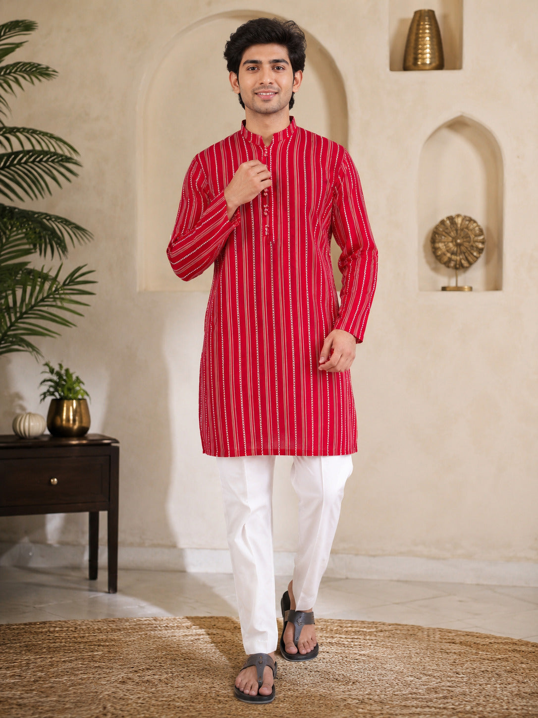 Red Loom Stripe Kurta Set
