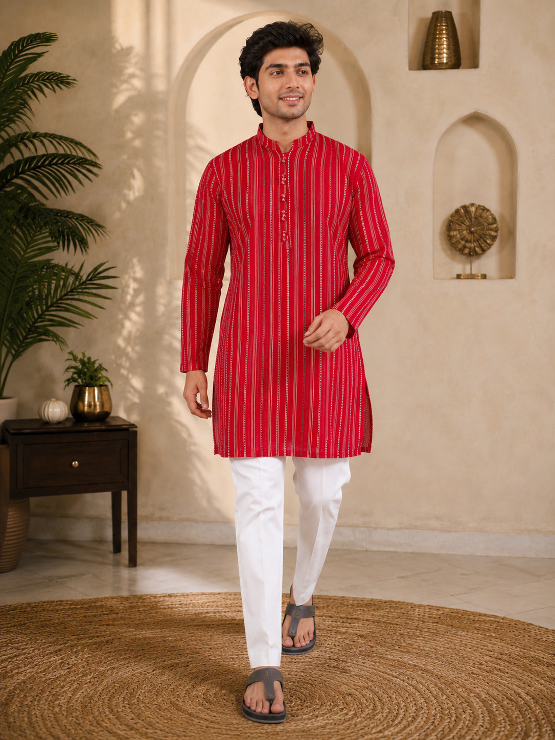 Red Loom Stripe Kurta Set