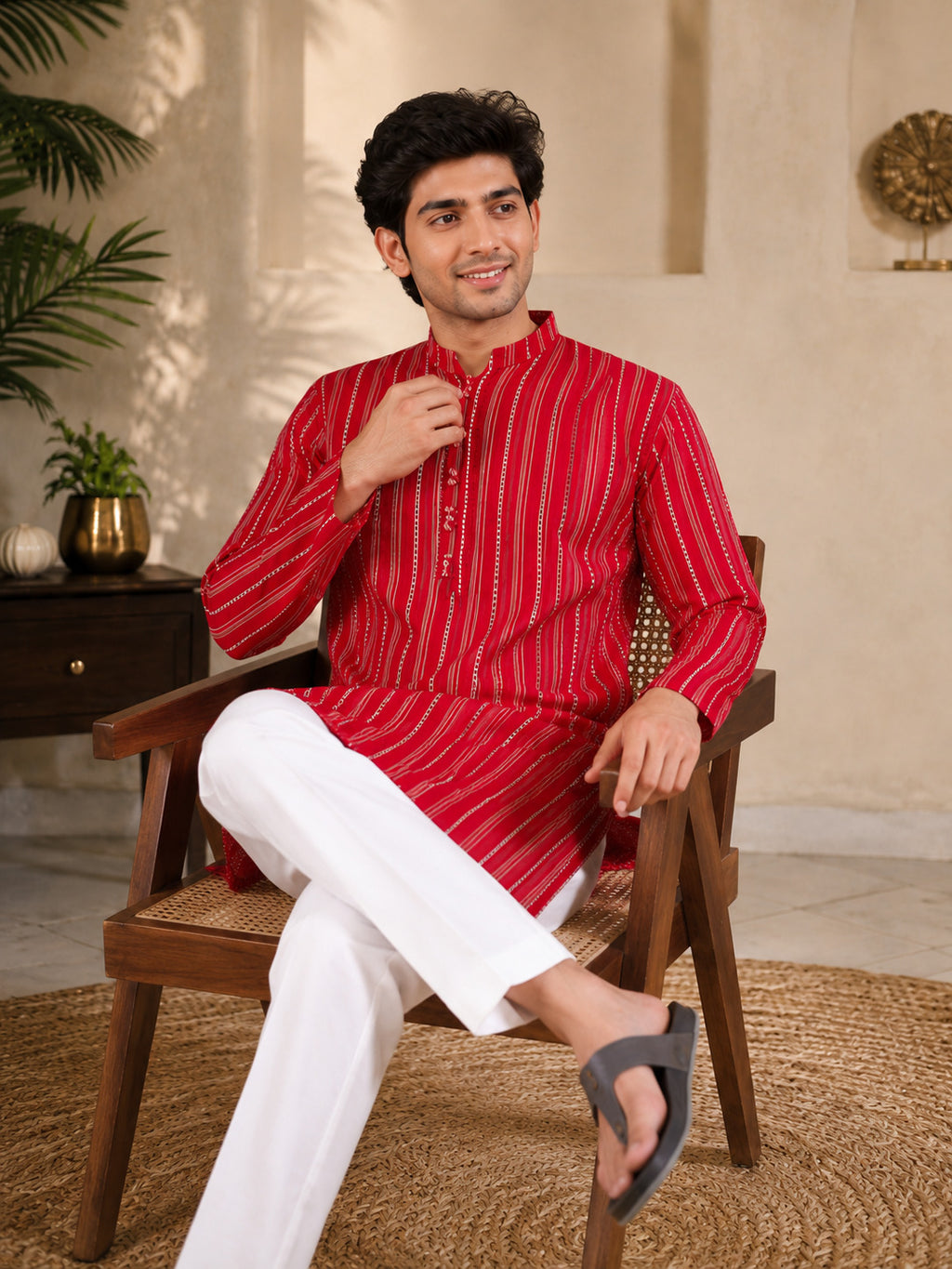 Red Loom Stripe Kurta Set