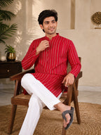 Red Loom Stripe Kurta Set