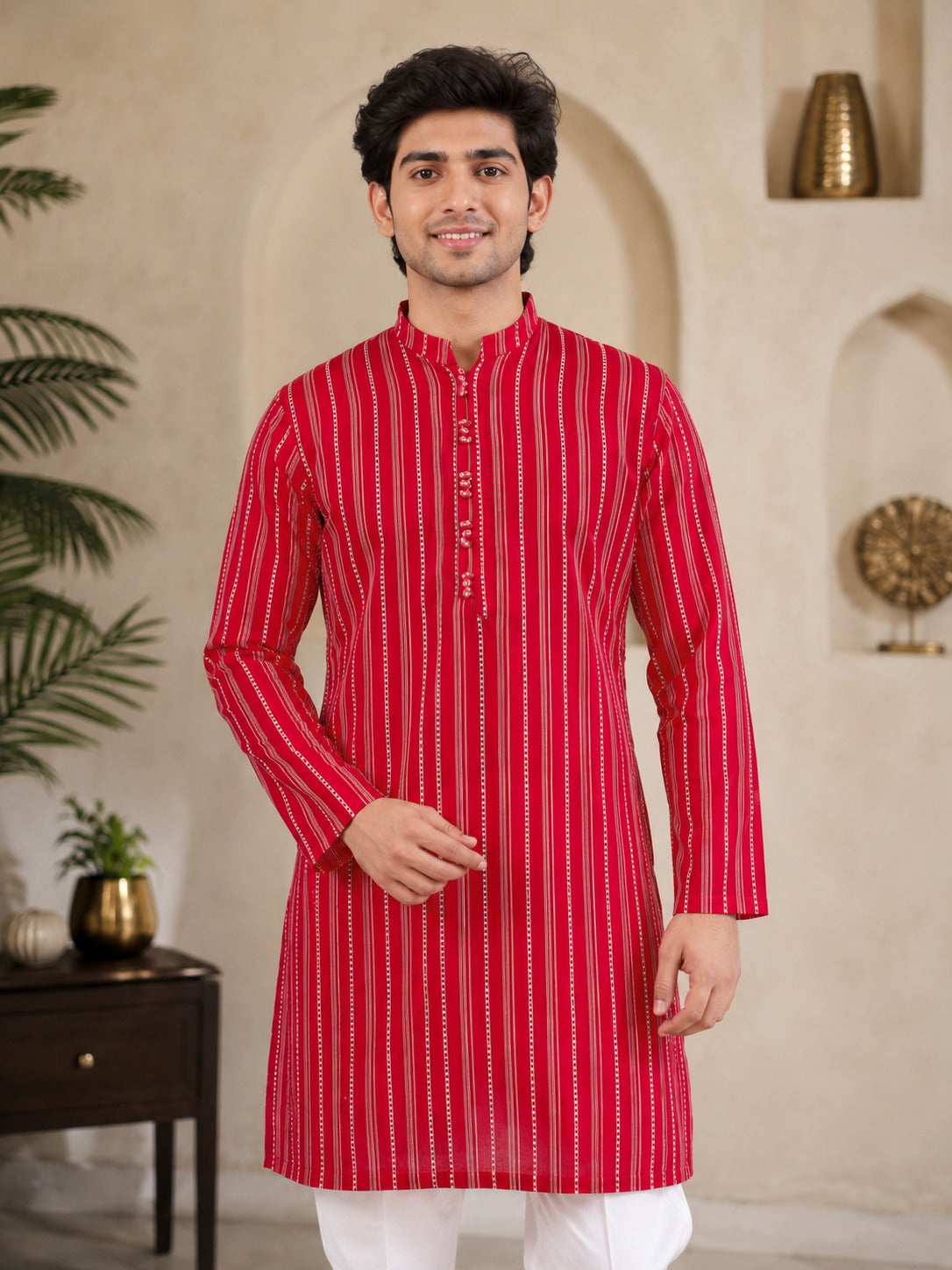 Red Loom Stripe Kurta Set