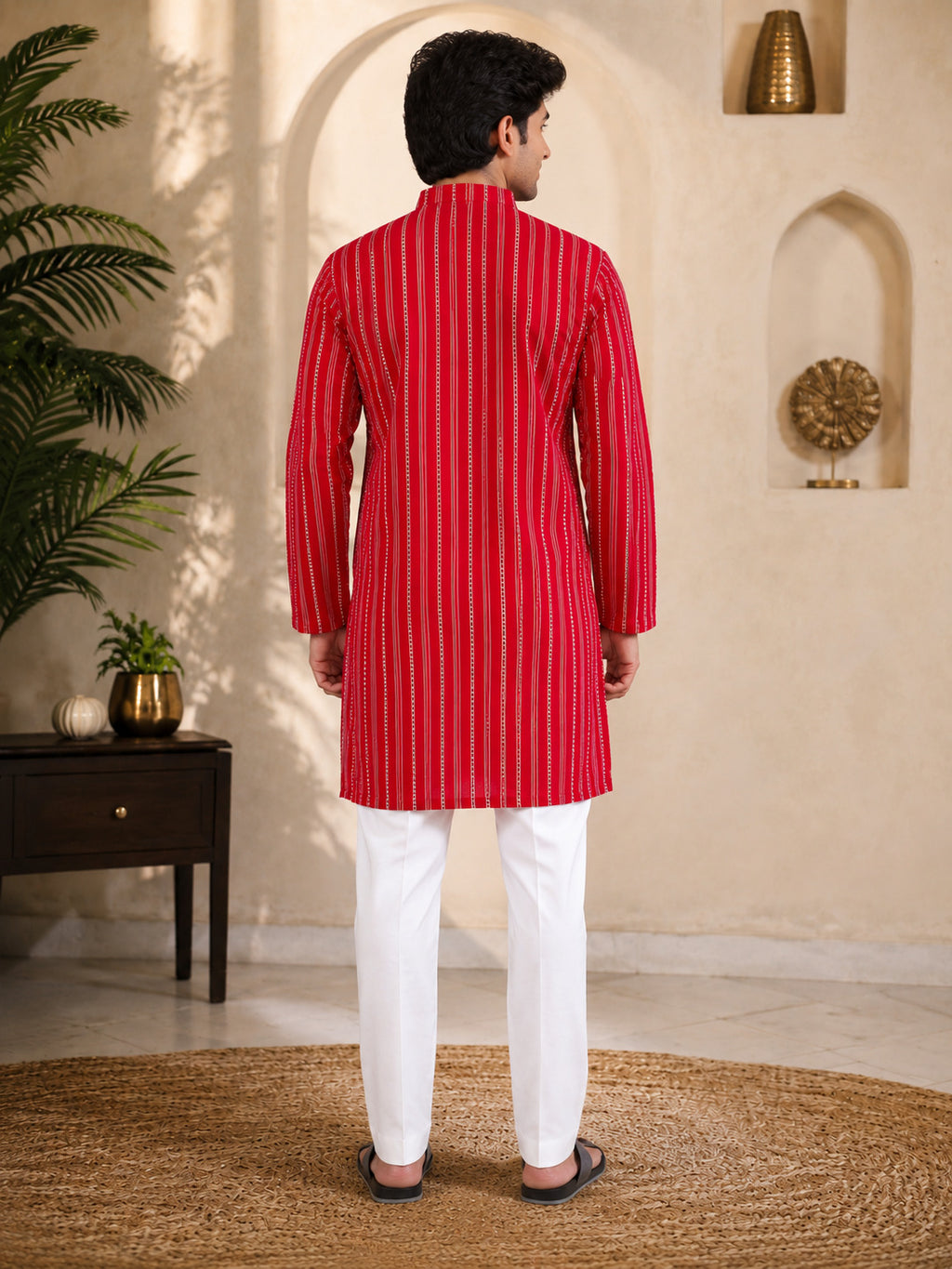 Red Loom Stripe Kurta Set