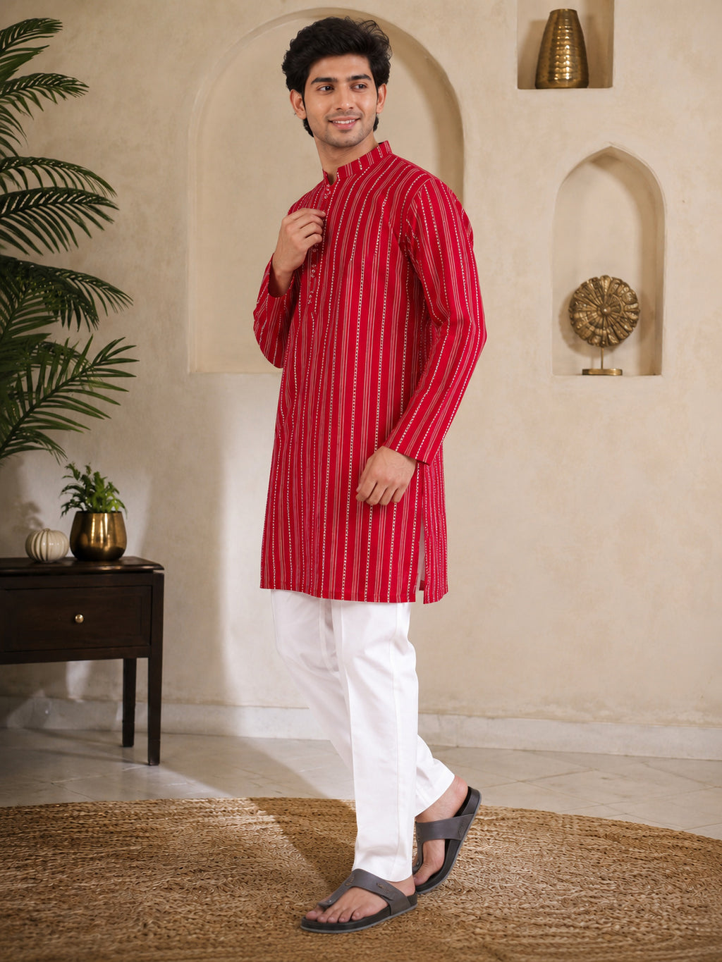 Red Loom Stripe Kurta Set