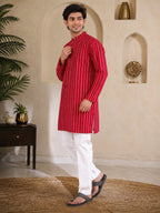 Red Loom Stripe Kurta Set